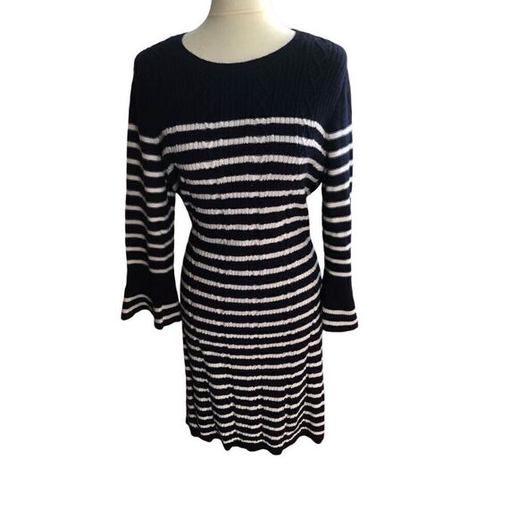 Talbots Navy Blue Ivory Cable Knit Wool Blend Sweater Dress Petite / XL Bell Sle - Picture 3 of 14